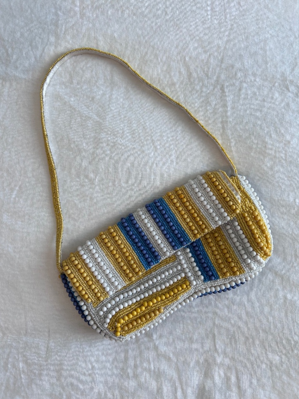 Handcrafted Beaded Bag in Yellow and Blue Stripe ~ Made in India